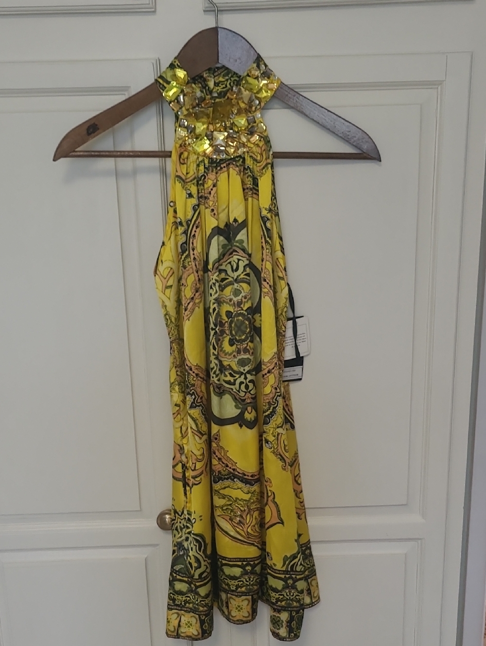 NWT Classique Silk Yellow Halter Mini Dress with Embellished Neckline